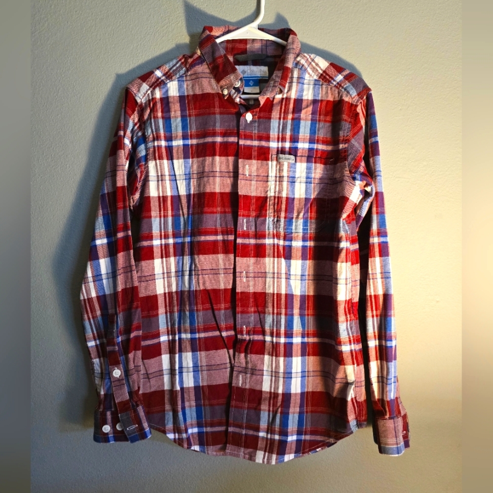 Columbia Button Down Plaid Long Sleeve Top, Blue & Red, Men's Small